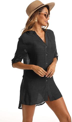 Eilshoji Women Swimsuit Cover Ups for Bathing Suit Bikini Button Down Long Shirt Tops Beach Swimwear Dress Coverups in Saudi Arabia