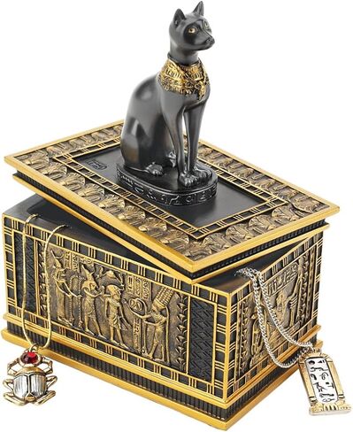 Design Toscano Royal Bastet Cat Goddess Egyptian Jewelry Box Statue, 6 Inch, Set of Two, Polyresin, Black and Gold in Saudi Arabia