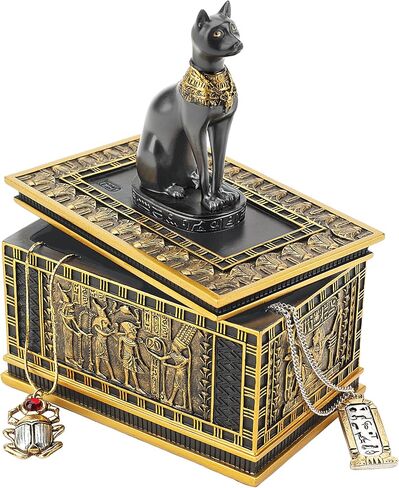 Design Toscano Royal Bastet Cat Goddess Egyptian Jewelry Box Statue, 6 Inch, Set of Two, Polyresin, Black and Gold in Saudi Arabia