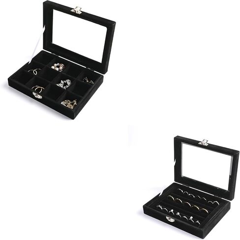 Frebeauty Rings/Earring Organizer Small Clear Lid Tray Bundle: 7 Slots and 12 Grid Velvet Drawer Insert Jewelry Storage Box Jewelry Display Case Store Showcase Jewelry Box Gift for Women(Black) in Kuwait