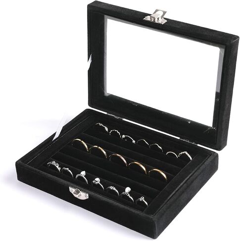 Frebeauty Rings/Earring Organizer Small Clear Lid Tray Bundle: 7 Slots and 12 Grid Velvet Drawer Insert Jewelry Storage Box Jewelry Display Case Store Showcase Jewelry Box Gift for Women(Black) in Kuwait