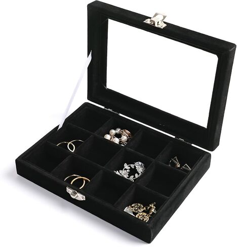 Frebeauty Rings/Earring Organizer Small Clear Lid Tray Bundle: 7 Slots and 12 Grid Velvet Drawer Insert Jewelry Storage Box Jewelry Display Case Store Showcase Jewelry Box Gift for Women(Black) in Kuwait