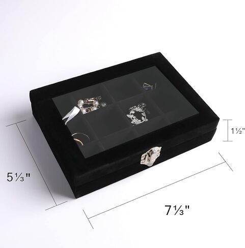 Frebeauty Rings/Earring Organizer Small Clear Lid Tray Bundle: 7 Slots and 12 Grid Velvet Drawer Insert Jewelry Storage Box Jewelry Display Case Store Showcase Jewelry Box Gift for Women(Black) in Kuwait