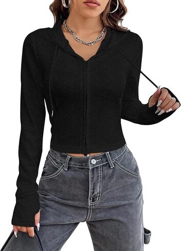 سويت شيرت نسائي من Labolliy مزود بغطاء للرأس برباط وسحاب، سويت شيرت منسوج سادة وقمصان قصيرة مناسبة in Kuwait