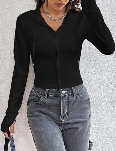 سويت شيرت نسائي من Labolliy مزود بغطاء للرأس برباط وسحاب، سويت شيرت منسوج سادة وقمصان قصيرة مناسبة in Kuwait