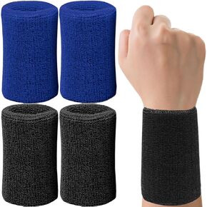4 Pack 6 Inch Wrist Sweatbands Tennis Wrist Bands Absorbent Sweat Band for Men and Women, Breathable Cotton Sweatbands for Work Out, Basketball, Running Athletic Sports -Black & Blue