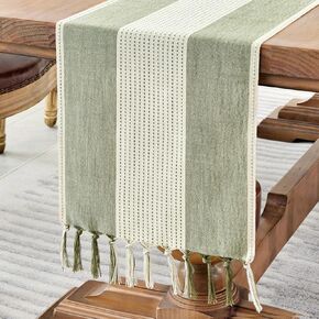 Wracra Linen Table Runner, Farmhouse Macrame Table Runners 72 Inches Long for Dining Table Decor, Wedding, Party and Dresser Decor (Sage Green,72")