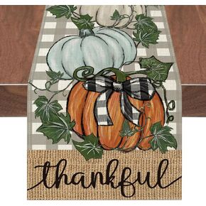 Fall Table Runner Buffalo Plaid Orange Pumpkins Table Runner 13x72 Inch White Blue Pumpkin Thankful Farmhouse Autumn Thanksgiving Kitchen Dining Table Decoration for Home Party Indoor Outdoor Decor