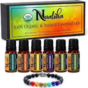 Top 6 Organic Essential Oils Set with Bracelet, Lavender, Eucalyptus Rosemary, Frankincense, Sweet Orange, Lemongrass for Diffuser DIY Skin Hair