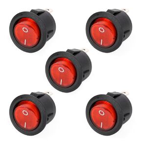 5Pcs AC 6A/250V 10A/125V Mini Round Rocker Switches, SPST 3Pin 2 Position with Red Light Rocker Switch