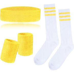 Sucrain 5 Pieces Striped Sweatbands and Socks Set, Sports Sweatbands Wrist Sweat Bands Red, White& Blue High Tube Socks 80s Accessories Costumes for Men Women