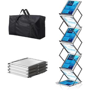 Brochure Display Stand - 6 Pockets Magazine Rack, Foldable Aluminum Brochure Catalog Literature Display Stand with Carrying Bag for Exhibition, Trade Show, Office, Retail Store