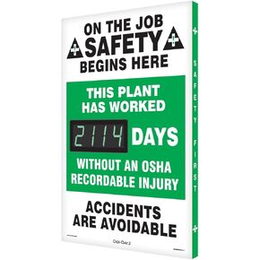 Accuform SCK114 Aluminum Digi-Day2 Electronic Scoreboard, ON The Job Safety Begins HERE - This Plant HAS Worked #### Days Without an OSHA RECORDABLE Injury - Accidents are AVOIDABLE"