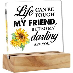 Friendship Gifts for Women Her, Positive Quote I Will Always Join You for a Walk in the Rain Clear Acrylic Sign with Wood Stand Table Sign Decoration
