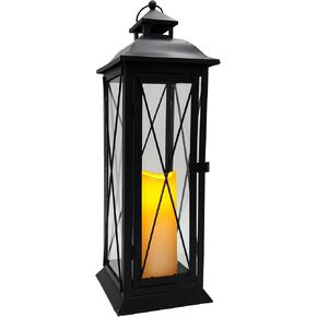 LumaBase Battery Operated Metal Lantern with LED Candle - Crisscross
