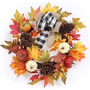 Fashionwu 20 Inch Thanksgiving Wreaths for Front Door, Fall Harvest Wreath with Buffalo Plaid Pumpkin and Maple Leaf Decorations, Thanksgiving Wreath for Home Outside Farmhouse Indoor Decor