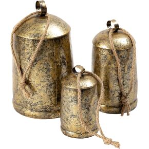 Shabby Chic Brass Christmas Bell Set, Rustic Metal Harmony Cow Bells for Crafts, 3 Piece Vintage Gold Christmas Hanging Bells for Door, Christmas Decorative Harmony Cowbells Set of 3, 9", 7", 5"H