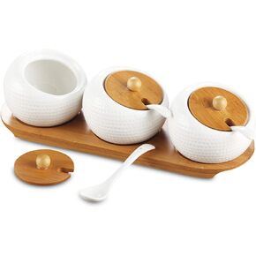 3 Pcs Porcelain Condiment Jar Set, Spice Jars with Bamboo Cap and Ceramic Serving Spoon, Wooden Tray, Used to Store Sugar, Spices, Coffee, Tea, 170 ML (5.8 OZ)