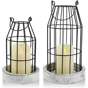 Farmhouse Lantern Decor, Set of 2 Rustic Home Decor Lanterns with Electronic Candles, Wire Metal Cloche Decorative Candle Holders for Living Room Fireplace Mantel Dining Table Decor (Brown)