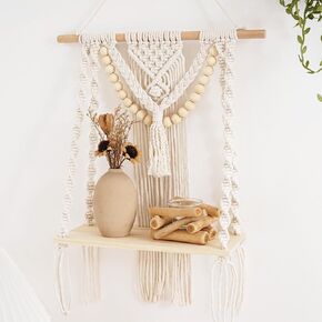 Macrame Wall Hanging Shelf Tier 1, Handmade Woven Boho Shelf Decor Macrame Wall Decor, Floating Hanging Plant Shelf Storage Organizer for Bathroom Bedroom Nursery