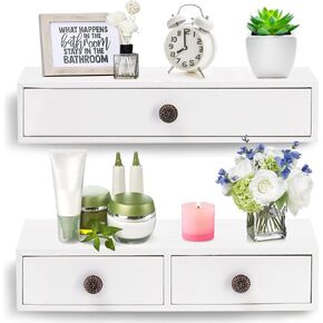 Yesland 2 Packs Floating Nightstand with Drawer - Rustic Wood Floating Wall Mounted Drawers Floating Shelf with Drawer for Living Room, Bedroom, Kitchen, Wall Decor, Storage, Display - White