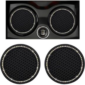 2PCS Car Cup Coaster, 2.75" Bling Auto Cup Holder Insert Coaster with Start Stop Button Cover, Silicone Anti-Slip Rhinestone Drink Cup Mat, Car Accessories for Women Girls (Black & Pink)