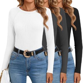 Huukeay 3 Pack Women's Ribbed Thermal Tops, Scoop Neck Raglan Sleeve Shirts Slim Fit Knit Underwear Warm Base Layer Tops