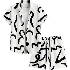 GORGLITTER Men's 2 Piece Outfits Graphic Short Sleeve Button Down Shirt Drawstring Waist Shorts Set with Pocket