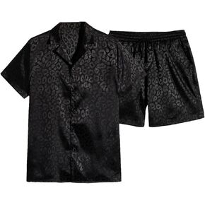 Verdusa Men's 2 Piece Outfit Leopard Jacquard Button Front Shirt and Drawstring Waist Short Sets Black XX-Large