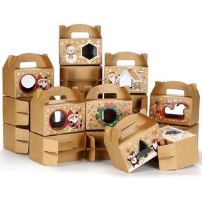 Fulmoon 24 Pcs Christmas Kraft Treat Box with Window 6 Styles Christmas Cookie Boxes with Handle 6 x 3.5 x 3.5 Inches Xmas Gable Gift Boxes for Holiday Birthday Gift Giving Party Favors, Brown