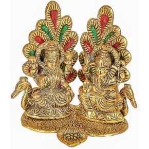 زوج Vedanta Craft Ganesh ji وLakshmi ji مع ريش الطاووس مع Diya/Ganesha Laxmi Idol مصنوع من المعدن لهدايا Diwali Pooja/Diwali/Home Puja/المكتب