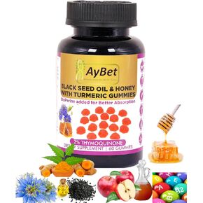 Black Seed Oil & Honey with Turmeric Gummies, BioPerin, Cinnamon, Vitamins, Organic,Halal,Vegan,Dairy,GMO,Gelatin, Gluten Free,60 Gummies