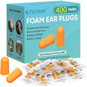 TICONN 400 Pairs Ear Plugs, 32dB Noise Reduction Earplugs for Sleeping Hearing Protection Travel Study Concentration Construction Site (400 Pairs)