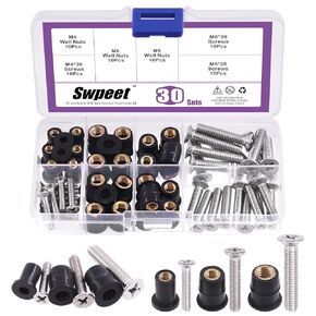 Swpeet 60Pcs 3 Sizes M4 M5 M6 Neoprene Well Nut with M4 x 20mm M5 x 25mm M6 x 30mm Stainless Steel Pozi Screws Brass Copper Bolts Well Nut Kit Compatible with Kayak Paddles Clips