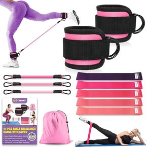 Ankle Resistance Bands with Cuffs - 11 Pcs Ankle Bands for Working Out, (3pcs-3 Resistant Level) Ankle Resistance Bands, 5pcs Mini Bands Resistance, 2 Pcs Ankle Straps for Cable Machines Women