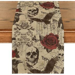 Artoid Mode Retro Gothic Skull Day of The Dead Halloween Table Runner, Roses Holiday Kitchen Dining Table Decoration for Home Party Decor 13 x 72 Inch