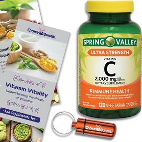 Spring Valley Ultra Strength Vitamin C Capsules Dietary Supplement 2,000 mg 120 Ct Choice Bundle + Vitamin Guide & Pill Container (3 Items)!