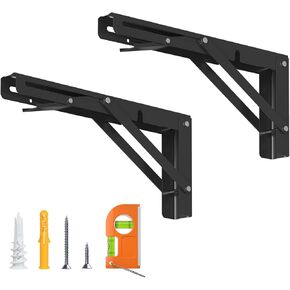 LuckIn 16 Inch Folding Shelf Brackets Heavy Duty Stainless Steel Collapsible Triangle Shelf Brackets for DIY Wall Mounted Folding Shelves Foldable Table Max Load 300 lbs, Black, 2 Pcs