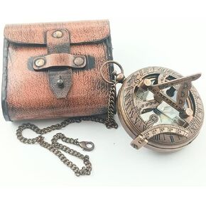 Brass Sundial Compass in Leather Case - Nautical Gifts for Men, Antique Sailing Anniversary Gadget for Him, Unusual Unique Nautical Decor, Naval Maritime Pocket Watch Clock