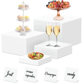 MEEZY 4 Pcs Buffet Risers Food Risers for Buffet Table White Acrylic Risers for Display 4 Different Size Nesting Risers with Hollow Bottoms for Party Decor (White, 5.5“/6"/7“/8")