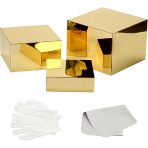 3 Pcs Acrylic Display Nesting Riser Stands, Mirror Gold Acrylic Risers for Display Cube Box Stereoscopic Display Stand, Acrylic Food Display Risers for Catering Dessert Jewelry Character Party