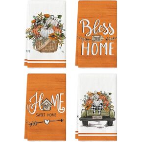 Artoid Mode Flower Basket Truck Pumpkin Fall Kitchen Towels Dish Towels, 18x26 Inch Bowknot Thanksgiving Decoration Hand Towels Set of 4