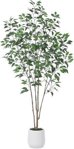 Artificial Tree,6FT Fake Ficus Tree in White Imitation Ceramic Planter with Lifelike Moss,Faux Ficus Silk Tree for Indoor Entryway Modern Decor Home Office Porch Balcony Shopping malls in Saudi Arabia