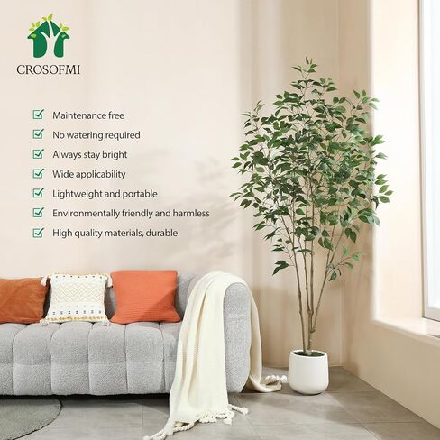 Artificial Tree,6FT Fake Ficus Tree in White Imitation Ceramic Planter with Lifelike Moss,Faux Ficus Silk Tree for Indoor Entryway Modern Decor Home Office Porch Balcony Shopping malls in Saudi Arabia