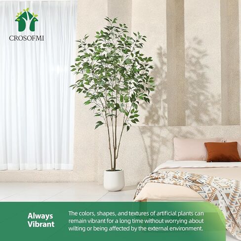 Artificial Tree,6FT Fake Ficus Tree in White Imitation Ceramic Planter with Lifelike Moss,Faux Ficus Silk Tree for Indoor Entryway Modern Decor Home Office Porch Balcony Shopping malls in Saudi Arabia