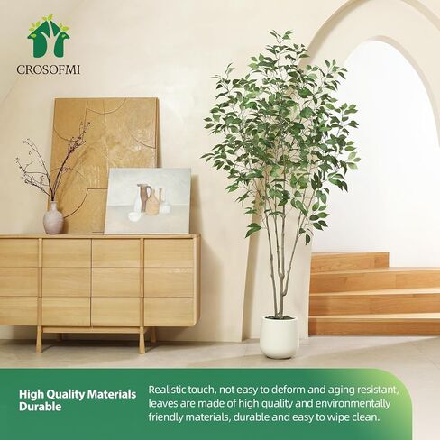 Artificial Tree,6FT Fake Ficus Tree in White Imitation Ceramic Planter with Lifelike Moss,Faux Ficus Silk Tree for Indoor Entryway Modern Decor Home Office Porch Balcony Shopping malls in Saudi Arabia