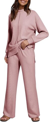Dokotoo Lounge Sets for Women 2024 Fall 2 Piece Knit Outfits Long Sleeve Pullover Tops Wide Leg Pants Sweaters Tracksuits in Saudi Arabia