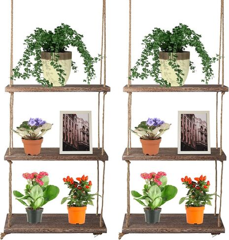Nuanchu 2 Pieces Decorative Wall Hanging Shelves Window Shelf for Plants 3 Tier Distressed Rustic Home Decor Wood Rope Shelf Floating Indoor Wall Swing Hanging Plant Shelves for Living Room Bathroom in Saudi Arabia