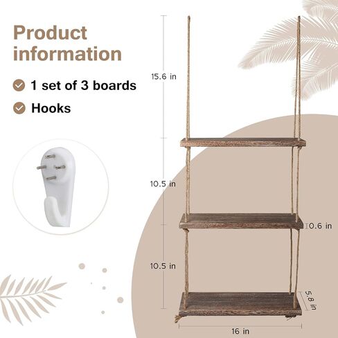 Nuanchu 2 Pieces Decorative Wall Hanging Shelves Window Shelf for Plants 3 Tier Distressed Rustic Home Decor Wood Rope Shelf Floating Indoor Wall Swing Hanging Plant Shelves for Living Room Bathroom in Saudi Arabia