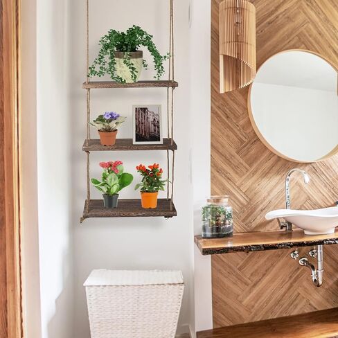Nuanchu 2 Pieces Decorative Wall Hanging Shelves Window Shelf for Plants 3 Tier Distressed Rustic Home Decor Wood Rope Shelf Floating Indoor Wall Swing Hanging Plant Shelves for Living Room Bathroom in Saudi Arabia